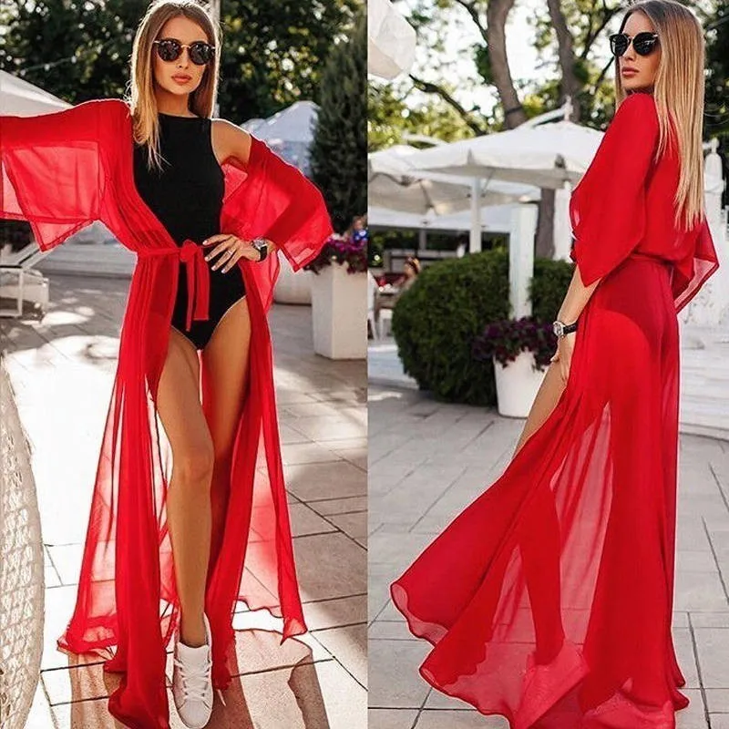 

Sexy Open Cover Up 2019 Women Bikini Cover Long Beach Dress Swimwear Solid Summer Beachwear Perspective Swimsuit Bandage Tunics