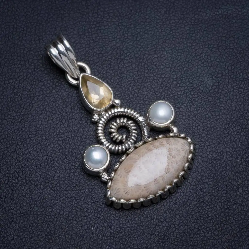 

Natural Chrysanthemum Jasper,River Pearl Citrine Handmade Unique 925 Sterling Silver Pendant 1.5" X0136