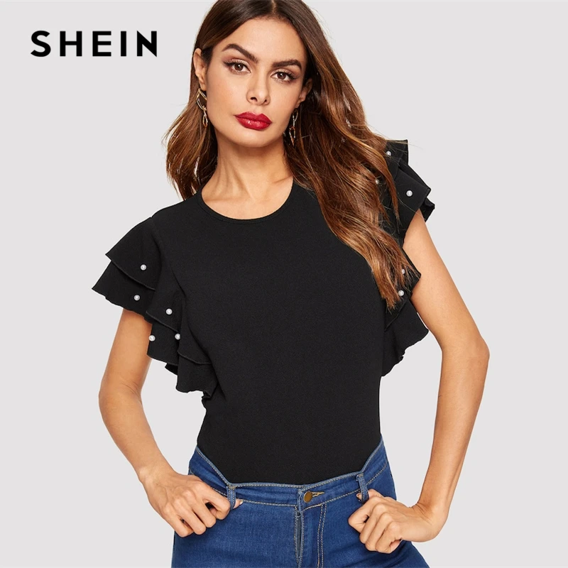 

SHEIN Vacation Black Pearl Beaded Ruffle Butterfly Sleeve Slim Fit Round Neck Tee 2019 Summer Streetwear Women Top Tees