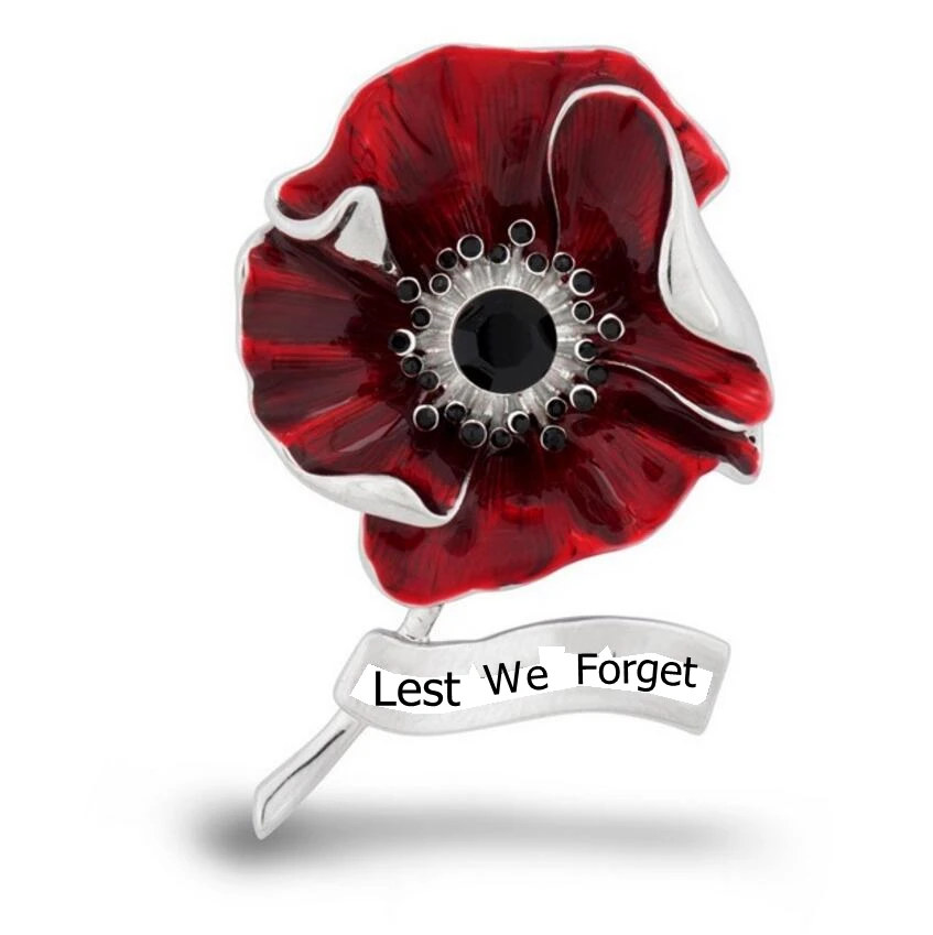 

2.5" White Gold Tone Lest We forget Red Enamel Poppy Brooch