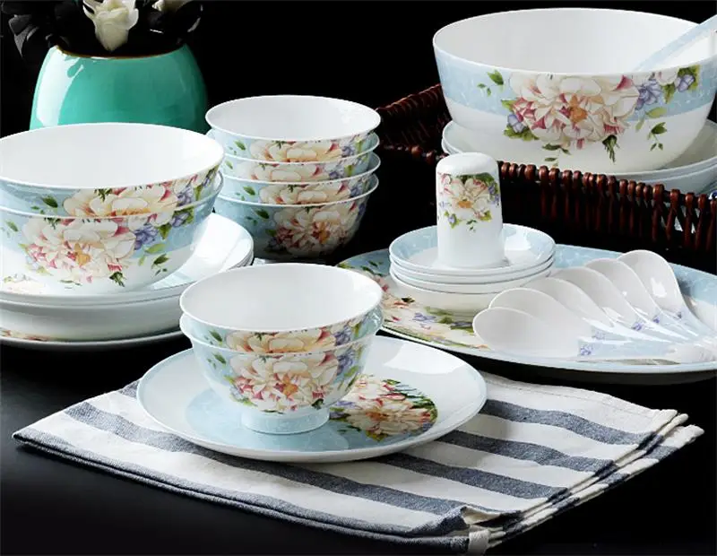 28pcs set, bone china korean dinnerware set, blue floral vintage
