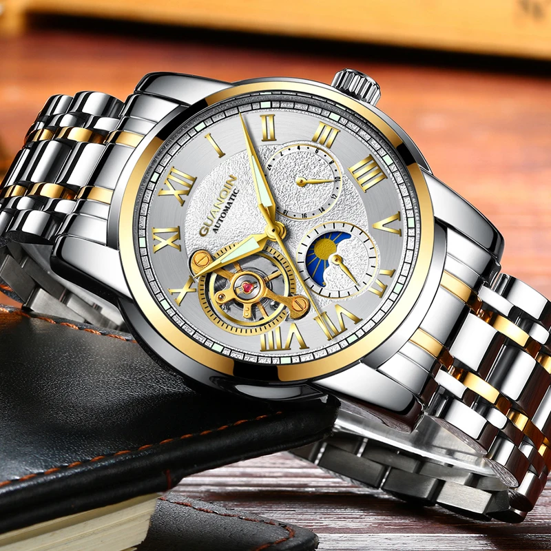 GUANQIN, брендовые автоматические часы, мужские роскошные турбийон, деловые часы, мужские спортивные водонепроницаемые механические наручные часы, Relogio Masculino