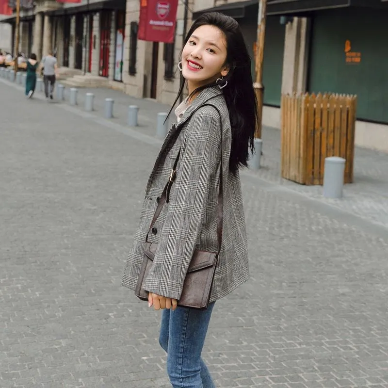 2019 Spring New Korean Pink Suit Top Fashion Long Korean Version Loose Plaid Suit Jacket Button Notched Double Breasted Plaid 2019 Spring New Korean Pink Suit Top Fashion Long Korean Version Loose Plaid Suit Jacket Button Notched Double Breasted Plaid