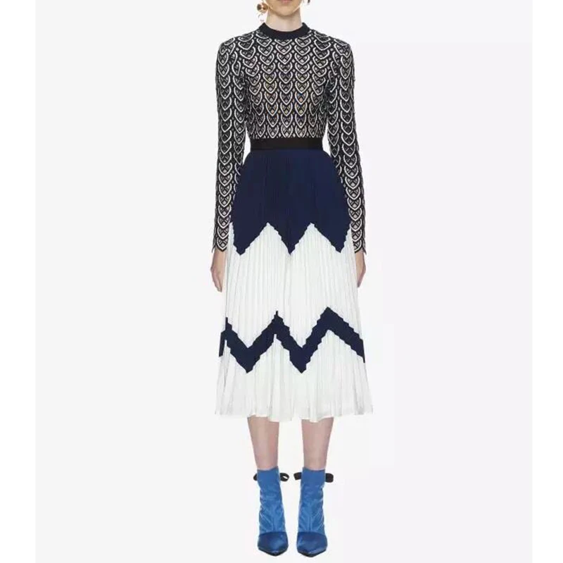

Elegant Women Dress 2019 Spring O-Neck Long Sleeve Hollow Out Lace Dress Ladies Slim A Line Pleated Midi Dress Party Vestidos