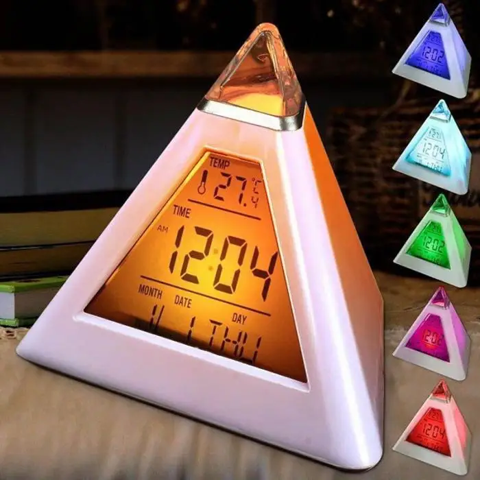 Цифровой светодиодный Будильник, 7 цветов, изменяющий Ночной светильник, отображение температуры в форме пирамиды, настольные часы Hogard NO20