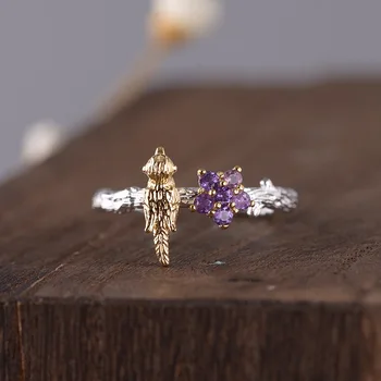 

S925 silver stylish small fresh bird inlaid with zircon adjustable size woman's ring