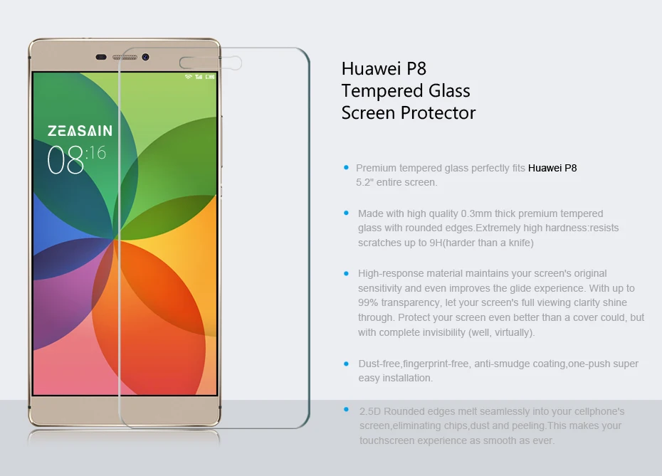 Original ZEASAIN 9H Premium Tempered Glass Film Screen Protector For Huawei P8 HuaweiP8 2.5D 0.3mm HD Clear  Protective Glasses (9)