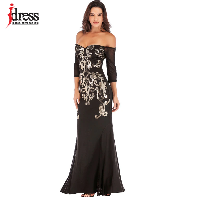 

IDress Fashion Sexy Slash Neck Off Shoulder Sequined Floor Length Party Dress Mesh Half Sleeve Bodycon Maxi Dress Evening Gown