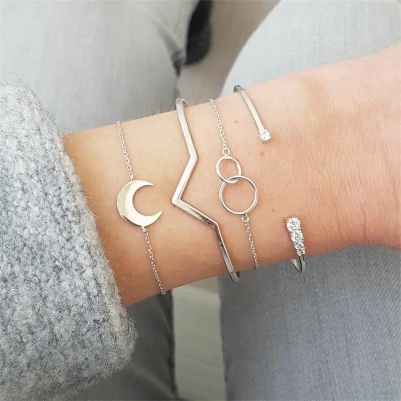 

Female Bracelets Simple Moon V shaped Round Double Circle Crystal Open Silver Bracelet Set Fashion Lady Wedding Party Jewelry