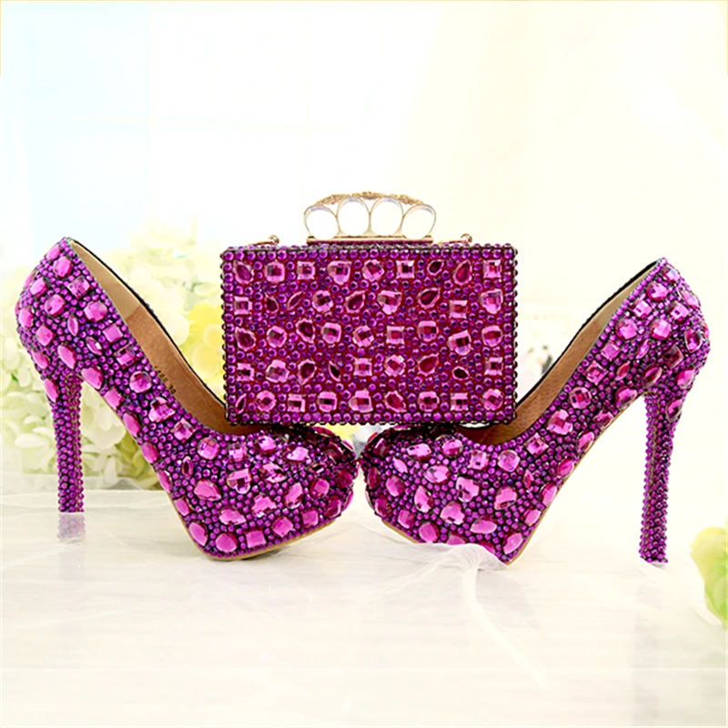 

Wedding Pumps Women Shoes and Bags to Matching Crystal Platform Bride Shoe Purple Purse Blue High Heels Genuine Leather Big Size