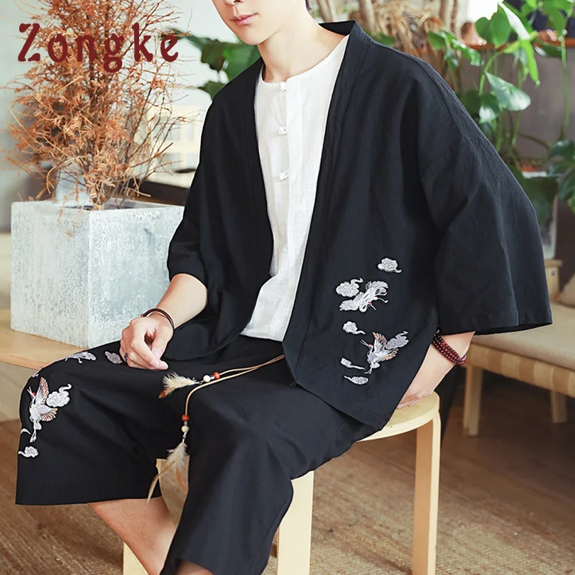 Zongke Crane Embroidery Linen Kimono Cardigan Coat Japanese Kimono Men