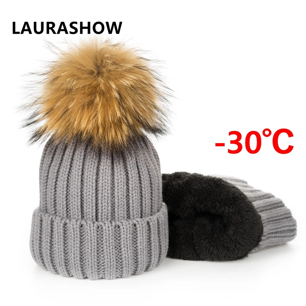 

LAURASHOW 16-17cm Raccoon Fur Ball Hats Velvet Winter Hat Cap For ADULT Warm Fur Pom Poms Ski Hat For Women Men