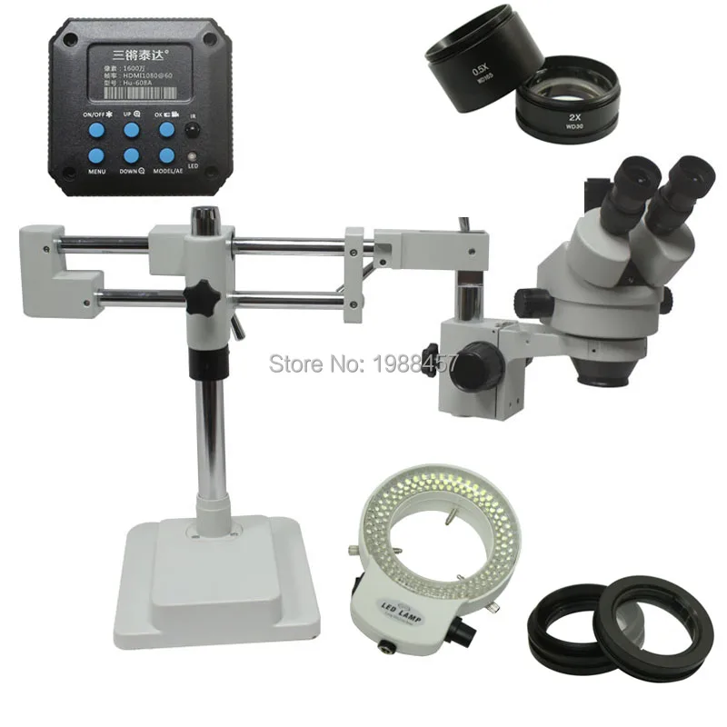 3.5X-90X Double Arm Boom Stand Trinocular Stereo Zoom Microscope With 20MP HDMI USB Camera 144 LED Lights Mobile CPU Repair