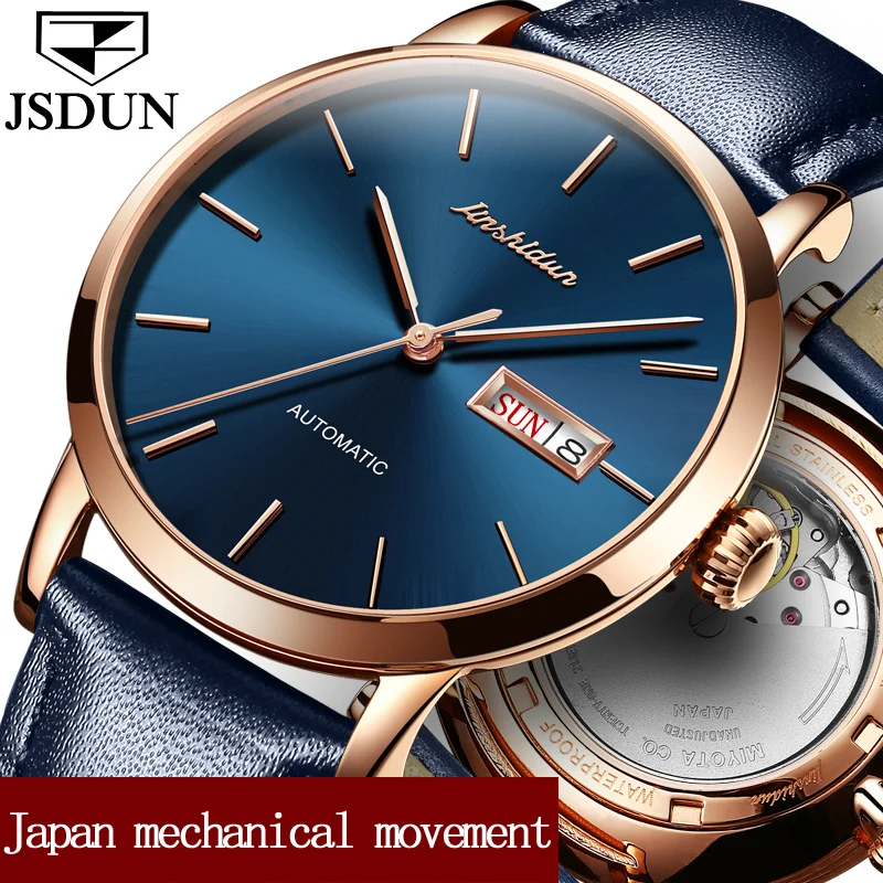 

JSDUN Fashion Waterproof Automatic Watches for Male Leather Strap Luxury Gold Case Date Week Business Men Mechanical Watch Clock
