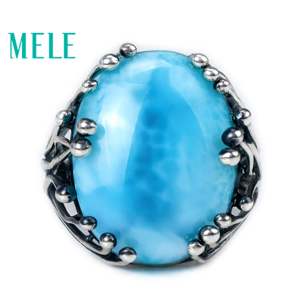 Tanie Naturalny larimar 925 srebrny pierścionek z duży owalny krój 15X20mm niebieski kamień dla kobiet i mężczyzn fashion design gem fine jewelry
