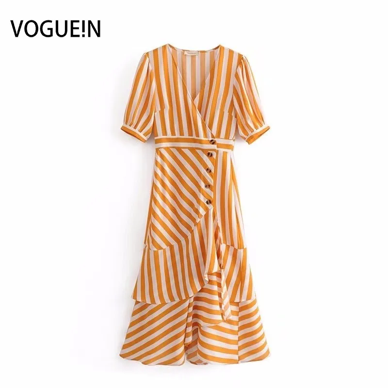 

VOGUEIN New Womens Summer V-Neck Yellow Striped Print Asymmetrical Midi Dress Wholesale