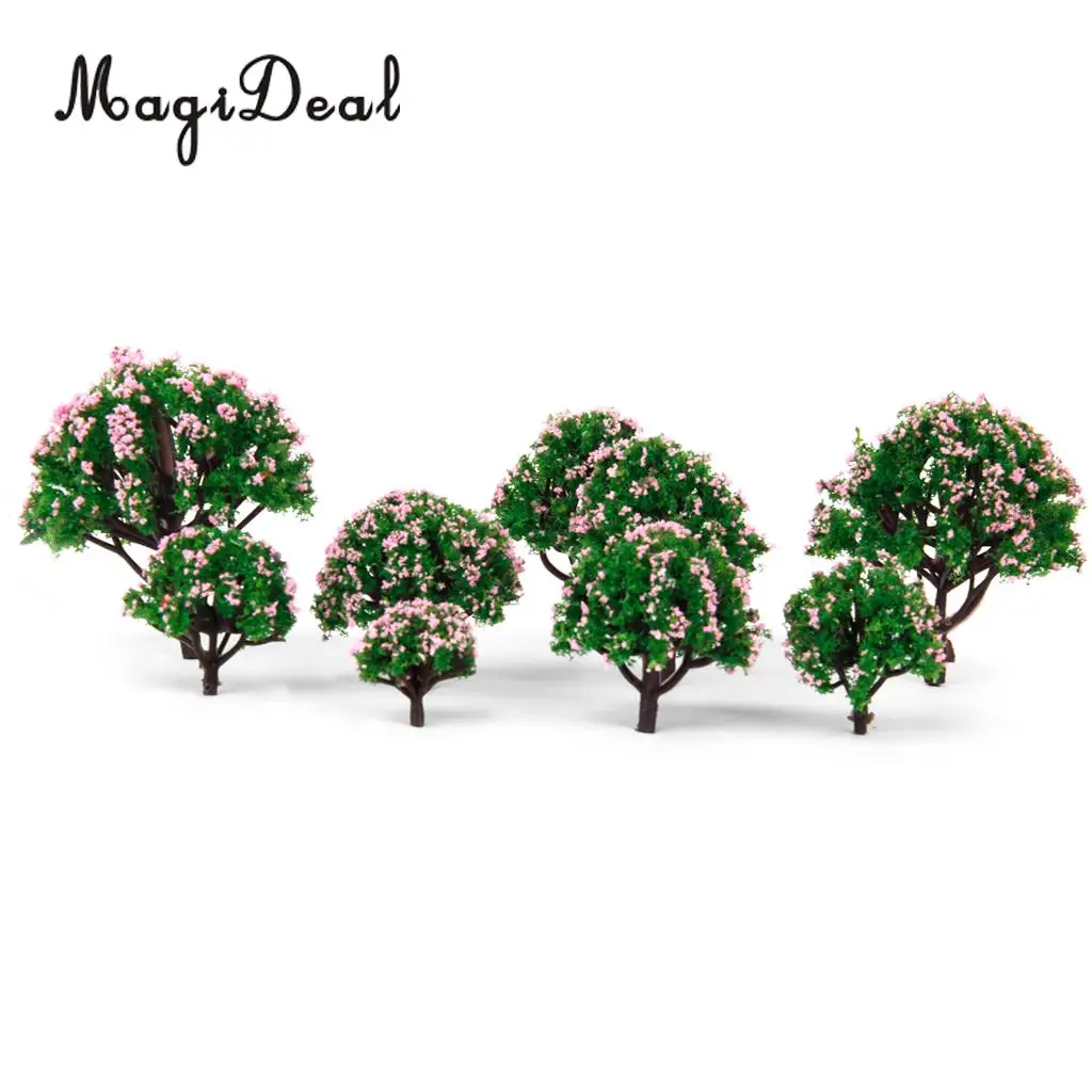 MagiDeal  5Sizes 10Pcs Plastic Model Tree with Pink Flower for Railroad Railway Train Track Home Garden Building Layout Diorama