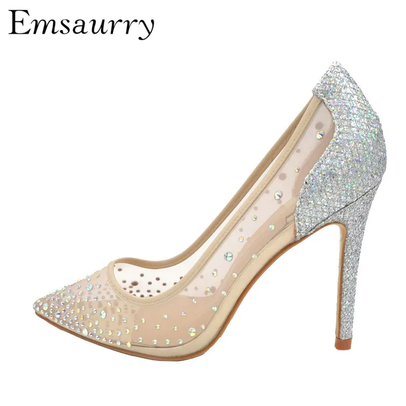 

Pointy Toes Party Shoes Fashion Mesh Air Sexy Shallow Slim Spring Silver Crystal Wedding Shoes Women