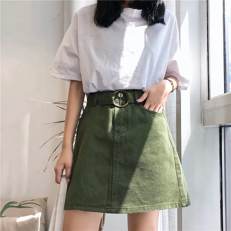 

Candy Color Summer Women Jeans Skirt A-Line Belt Casual Harajuku Denim Jupe Mujer College Wind High Waist Black Red Khaki Skirts