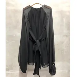Черные блузки для женщин с длинным рукавом О-образным вырезом милые летние элегантные женские блузки 2019 новые женские блузки