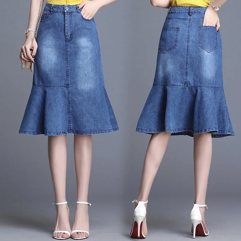 

Spring Summer Womens Female High Waisted Ruffles Patchwork Bleached 4xl Denim Trumpet Skrits , Woman Casual Mermaid Jean Skirt