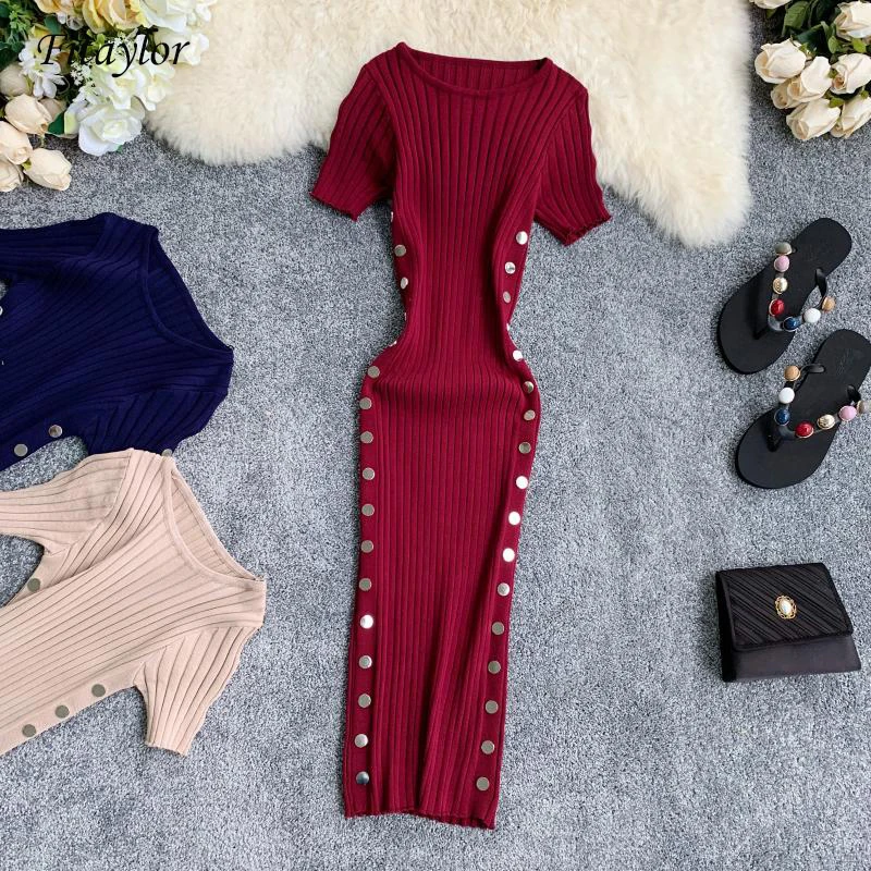 

Fitaylor Women Knitted Dress 2019 Retro O-Neck Short Sleeves Slim Stretch Thin Side Double-row Button Design Female Vestidos