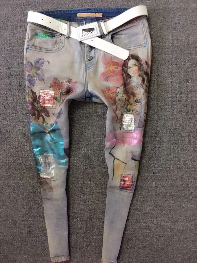 Flores Pantalones Azul 2018 De Largos Belleza Flaco Moda Primavera Oro Jeans Señoras Otoño Denim Lápiz 3d Europa Pintura Mujer OxqTwUqB