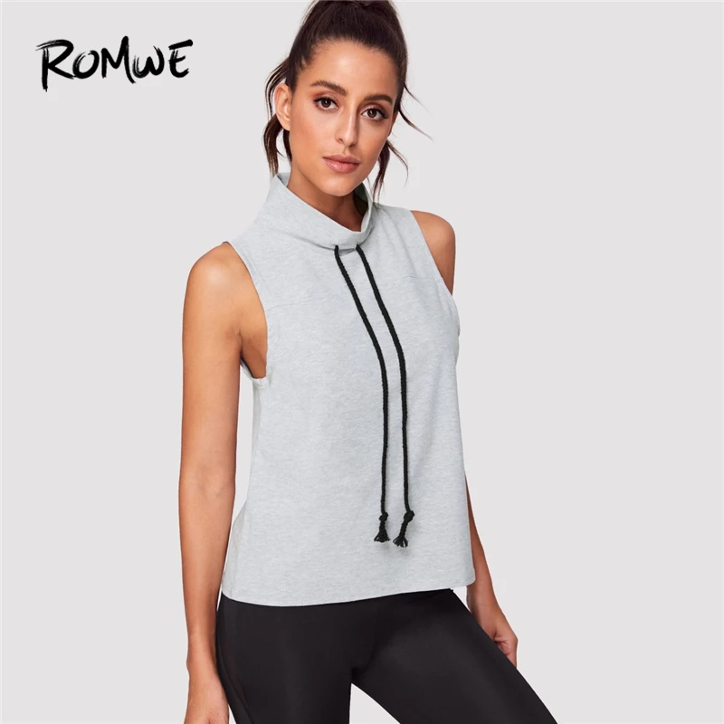 

Romwe Sport Grey Solid Drawstring High Neck Heather Knit Top Women 2019 Summer Running Sleeveless Sportswear Vest Tank Tops