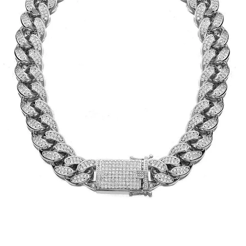 

Hip hop Men Miami Cuban Chain Necklace Stainless Steel Full Cz Clasp Iced Out Gold Silver Plated Mens Casting Chain Necklaces