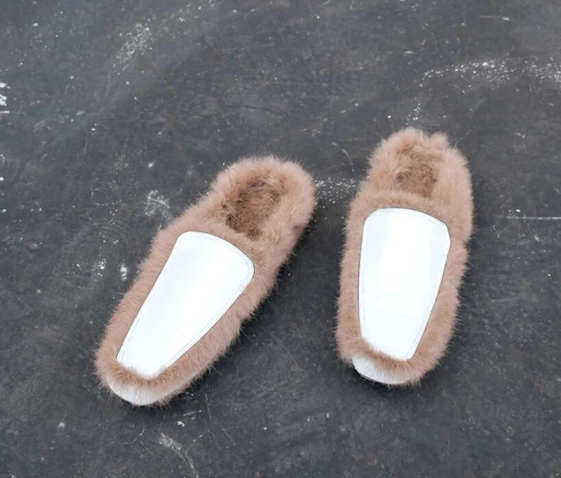 Stylesowner Super Warm Lazy Slipper Shoe Rabbit Fur Squared Toe Patent Leather Outdoor Slides Chic Flat Mules