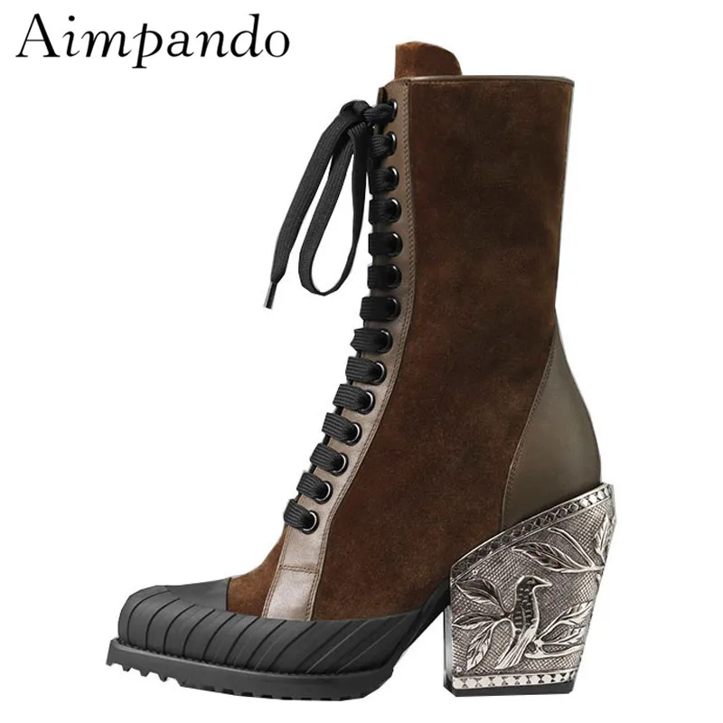 

2019 Metal Carved Flower Ankle Boots Women Pointed Toe Suede Real Leather Patchwork High Heel Cross-tied Short Boots