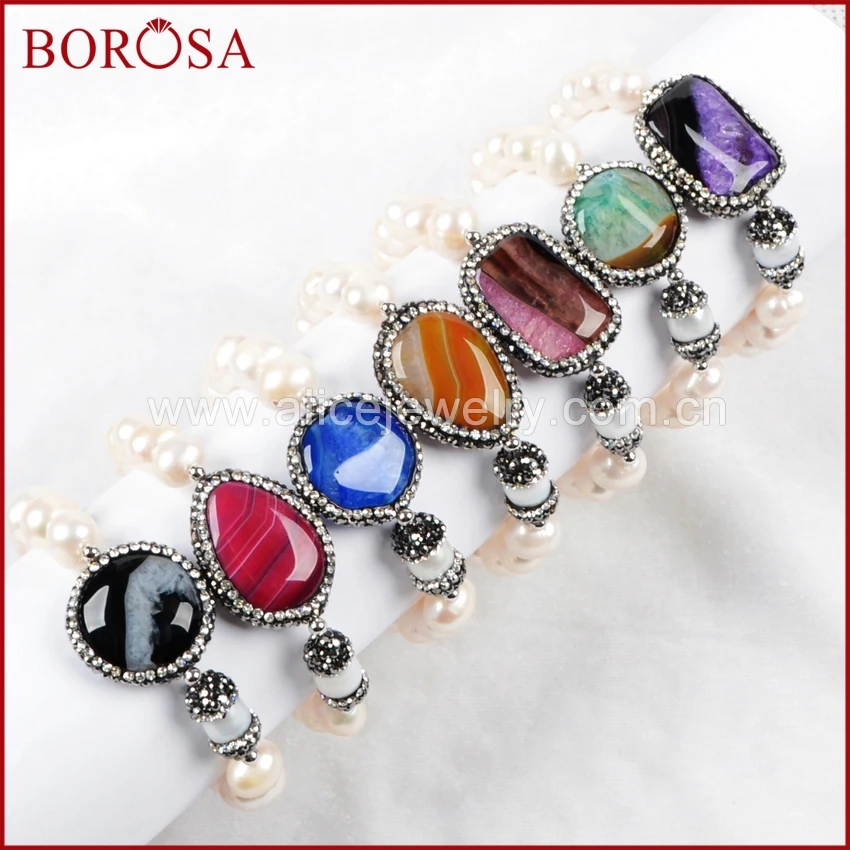 

BOROSA Natural Pearl & Geometry Rainbow Onyx Stone Druzy Geode Beads Pave Zircon With Natural White Pearl Beaded Bracelet JAB175