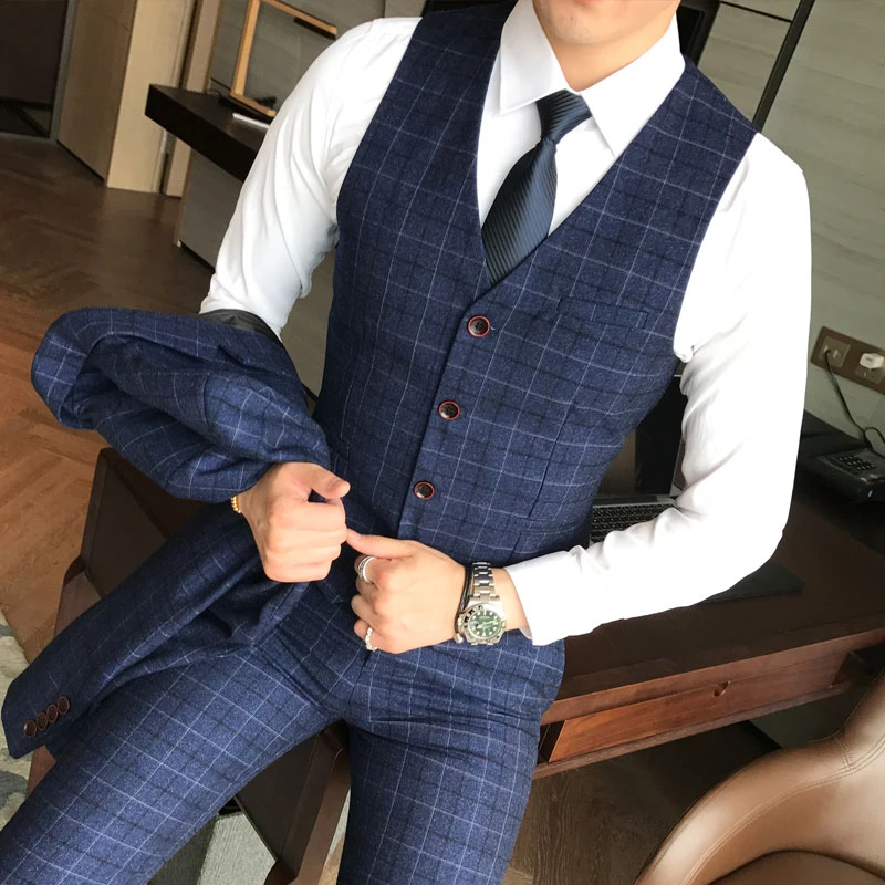 

( Vest + Pants ) 2 Piece Set Men Fashion Plaid Slim Casual Business Suit Vest and Pants Groom Wedding Dress Formal Vest Trousers