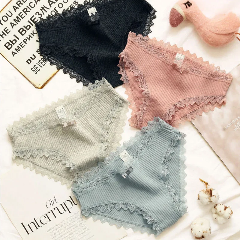 

4pcs/lot Sexy Lace Panties Women Fashion Solid Color Lingerie Briefs High Quality Cotton Mid Waist Cute Women Underwear