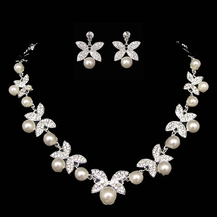 Korea Style Wedding Jewelry White Butterfly Shaped Crystal Rhinestone Imitate Pearl Necklace Earring Set | Украшения и аксессуары