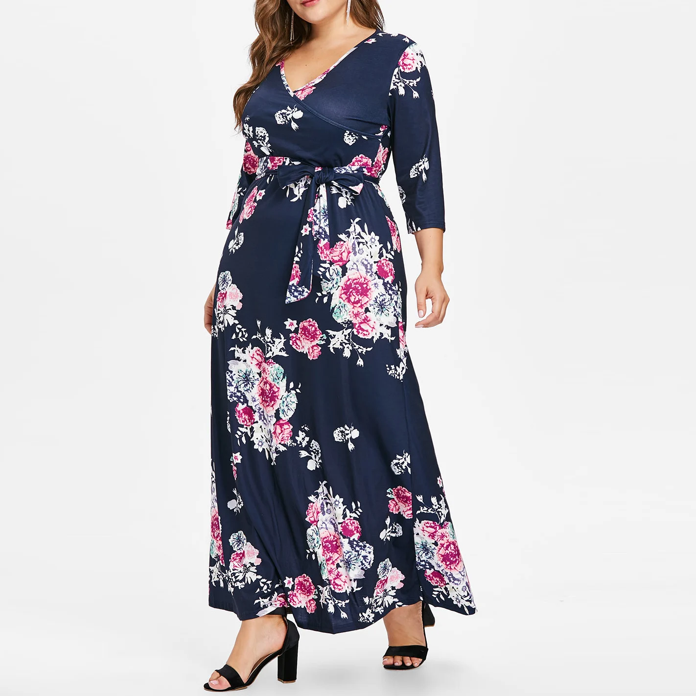 

Wiaplo Plus Size Floral Print Women Dress 2019 Autumn feminino vestidos Casual Belted Maxi Dress Sexy V-Neck Boho Party Dresses