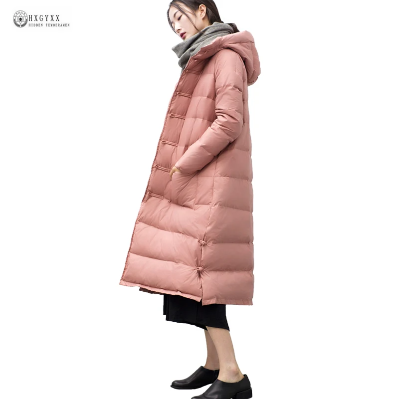 2019 New Large Women Winter Down Coat Vintage Chinese Button X-long Hooded Jackets Female Outerwear Warm OK1051 | Женская одежда