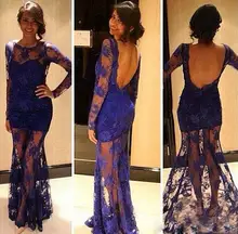 Sexy Lange 2015 Abendkleider Spitze Durchsichtig Mit Rundhalsausschnitt Open Back maß Natürliche Voller Länge Sexy Blau Prom kleider