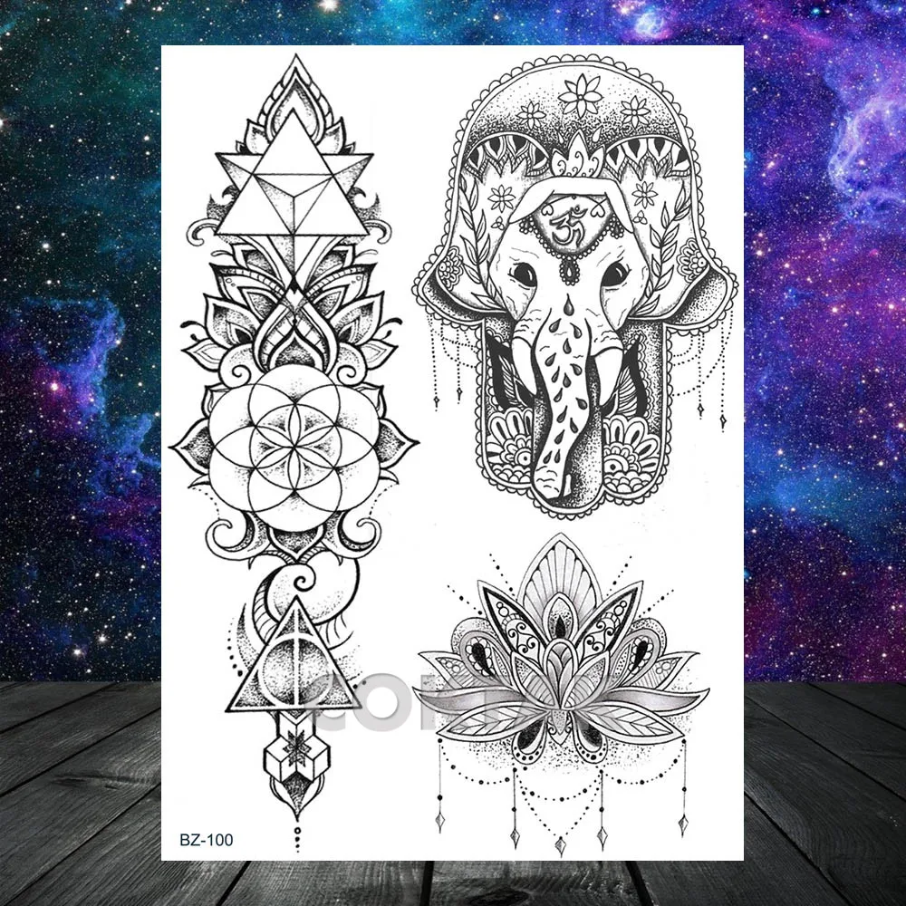 India Genasha Elephant Hamsa Temporary Tattoos For Women Girls Tribal Lotus Large Henna Tattoo Sticker Fake Jewelry Wedding Buy At The Price Of 0 99 In Aliexpress Com Imall Com