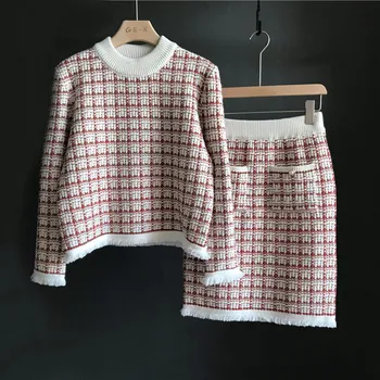 

Chic Sweater Suits Women 2019 Hit Color Tweed Plaid Pattern Knit Half High Callor Sweater + High Waist Pencil Skirt 2 Piece Sets