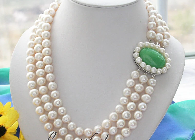 

FREE shipping>>>>Z3230 3row 11mm white round freshwater pearl necklace jade new