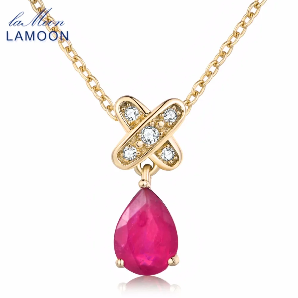 

LAMOON Fine Ruby Jewelry 925 Sterling Silver Pendant Necklaces For Women Tears of Lovers Natural Water Drop Party Necklace NI034