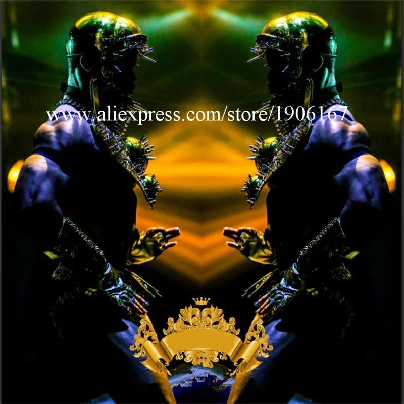 Ballroom dance stage costumes party show dress wears men armor robot suit dj helmet gold disco bodysuit rivet outfits bar1