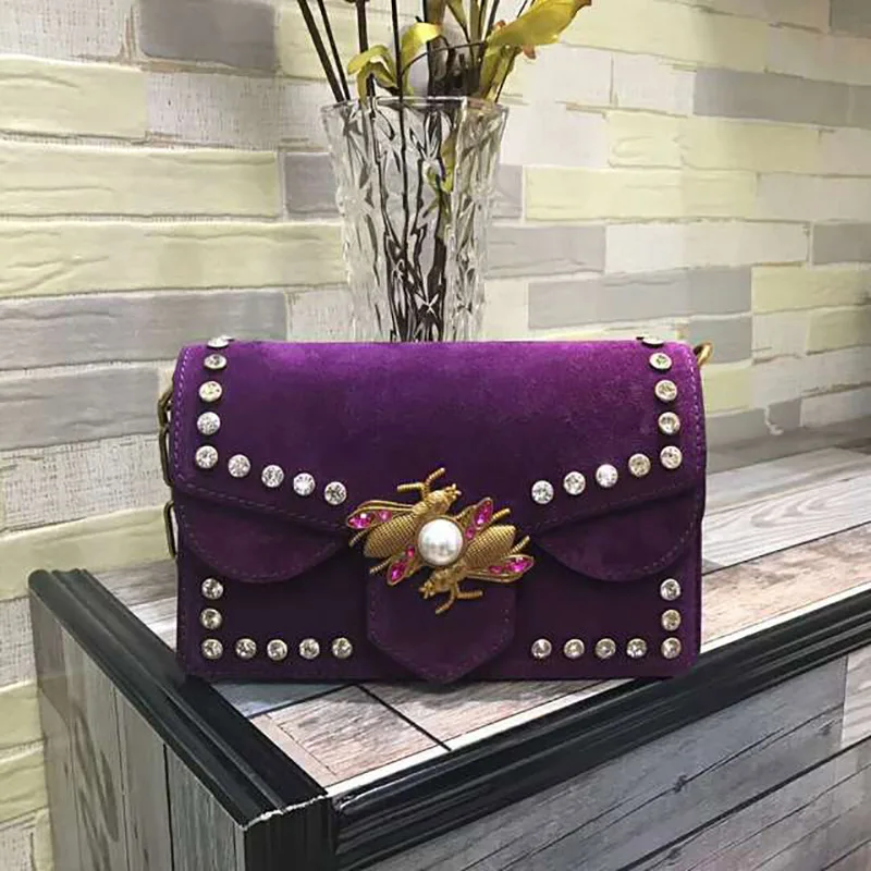 

Handbags Fashion Style Bees Vintage Scrub Genuine Cow Leather Shoulder Chain Small Women Shoulder Bag Rivet Messenger bags