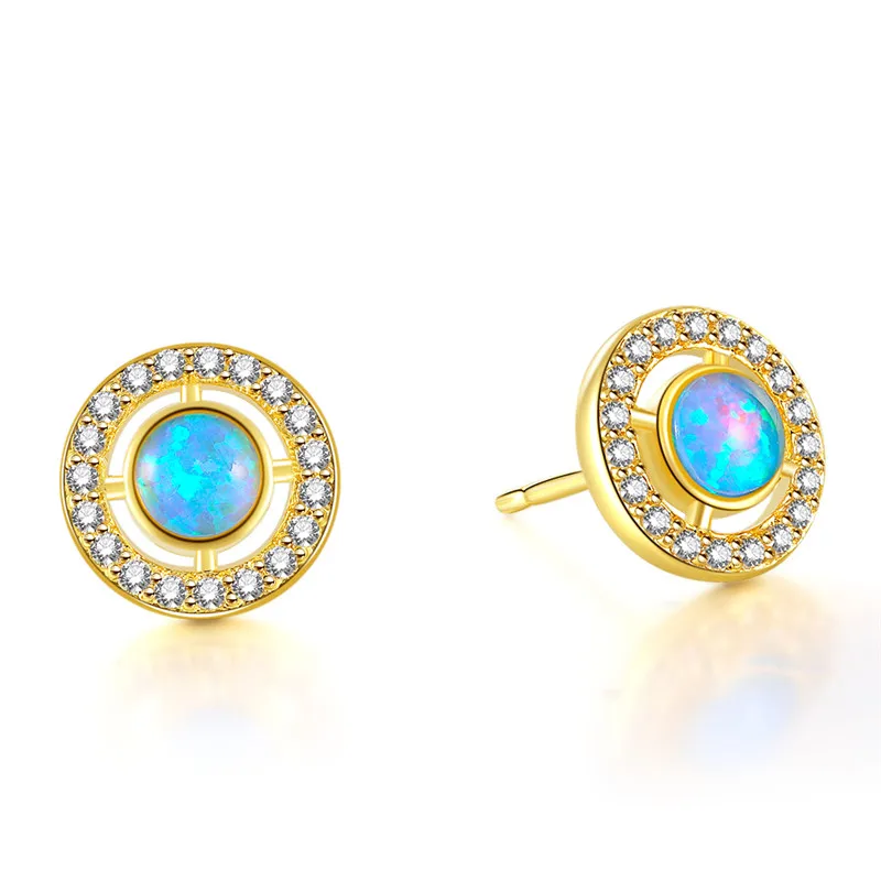 Fashion Oval Stone Blue Fire Opal Stud Earrings Gold Color AAA Zircon