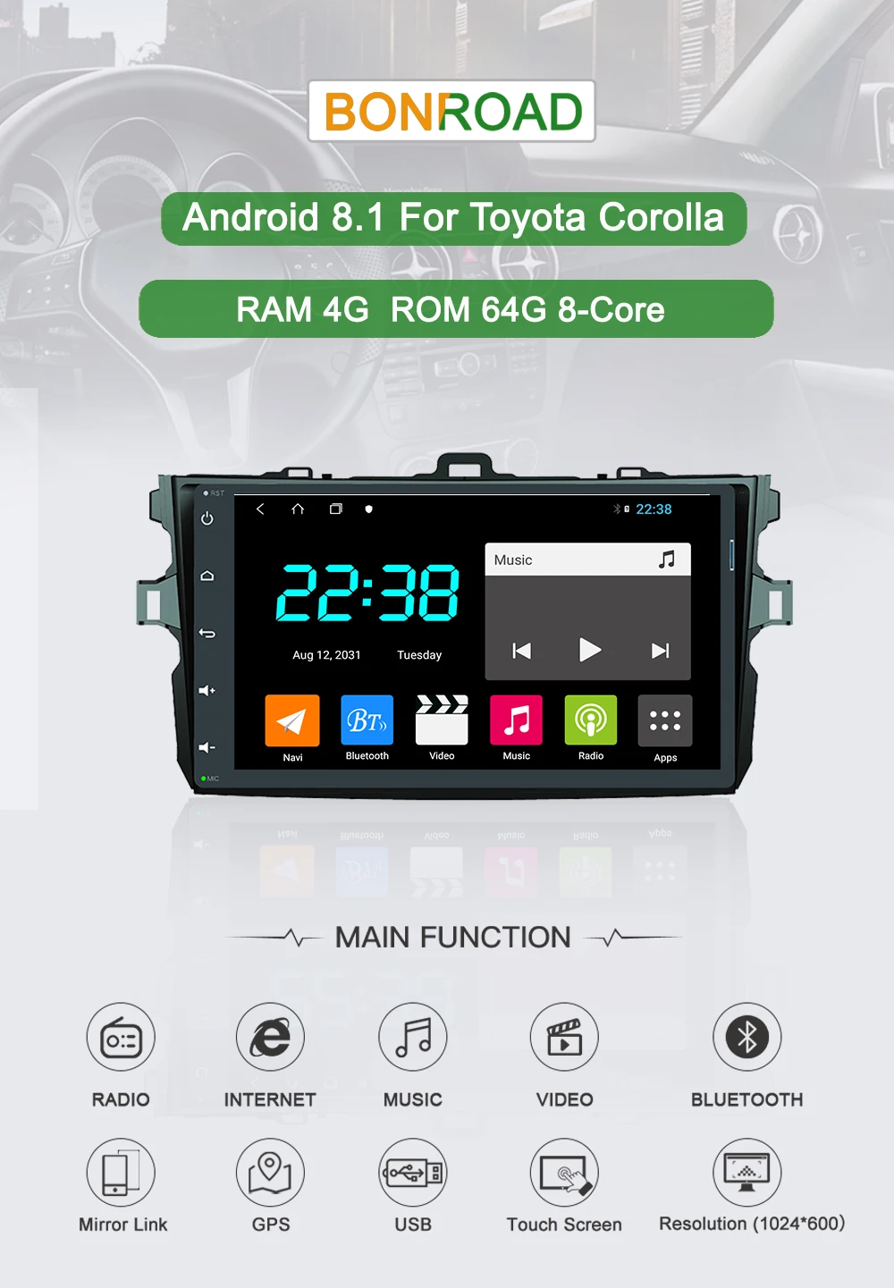 Flash Deal Bonroad Android Car Multimedia Video Player For Corolla Car Video DVD Player  Rds GPS Navigation bluetooth  RAM 4G ROM 64G 0