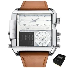 6,11 большие квадратные спортивные часы мужские часы с тремя часовыми поясами модные кожаные водонепроницаемые часы с двойным дисплеем Прямая поставка
