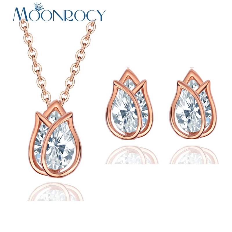 

MOONROCY Rose Gold Color Free Shipping Fashion Tulip Necklace and Earrings CZ Crystal Jewelry Set for Women Gift Drop Shipping