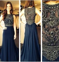 robe de soiree 2014 New Sexy Sleeveless Scoop Neckline Dark Blue Chiffon Beaded Evening Dresses Long Prom Gowns BO5235