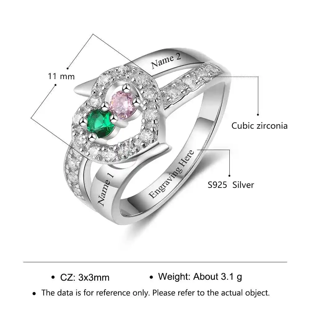 Personalized Gift Birthstone Custom Engrave 2 Names Promise Ring 925 Sterling Silver Anniversary Jewelry (JewelOra RI103271)